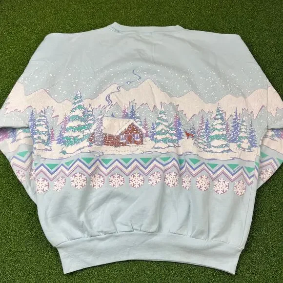Vintage 80s 90s Womens Blue Winter Wonderland Cabin Ugly Sweater Sz 2XL - Picture 4 of 4